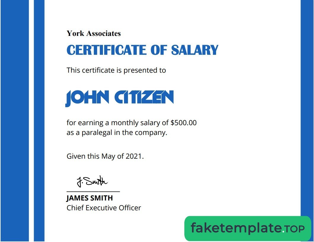 Feature of fake USA Salary certificate example